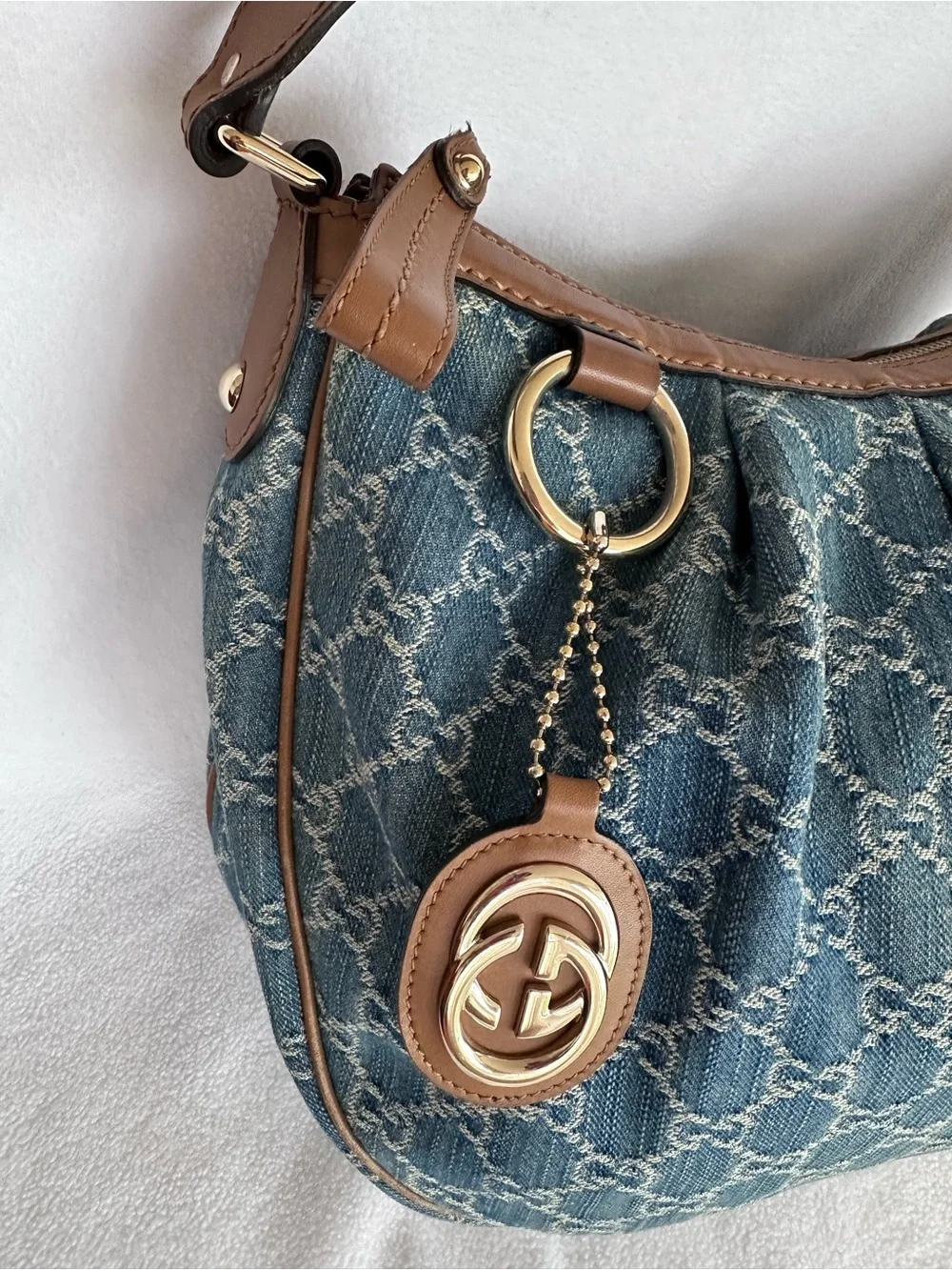 Gucci Blue Denim Monogram Shoulder Bag with Brown Leather Trim - Picture 3 of 9